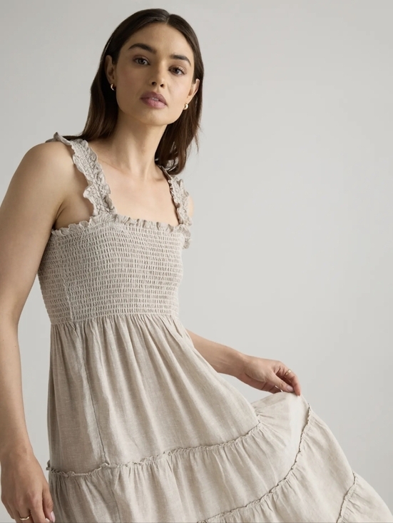 Mlle Gabrielle Dresses & Skirts - Mlle Gabrielle Beige Smocked Tiered Midi Dress